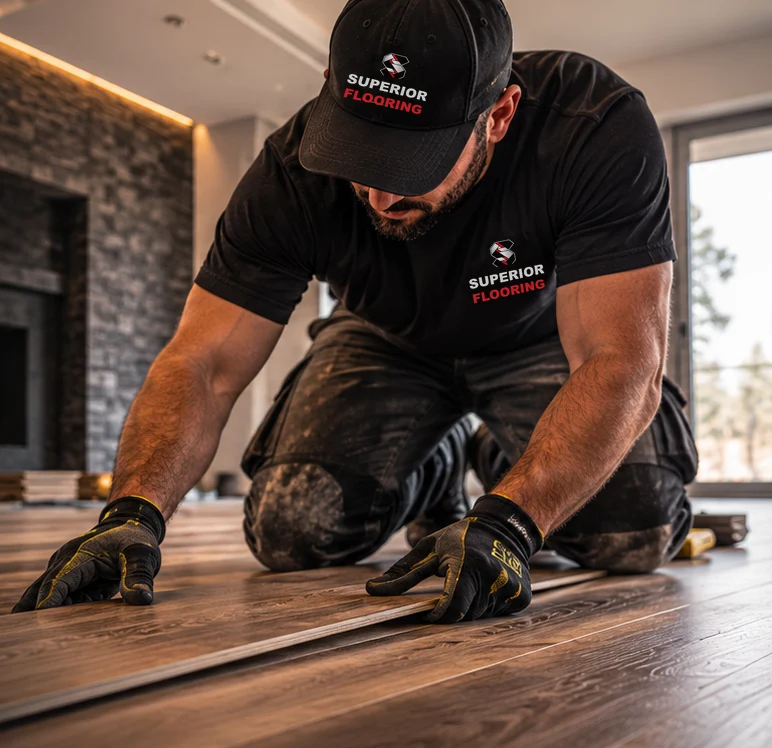 A flooring installer carefully positioning a wood plank