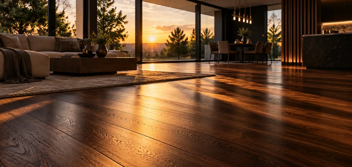 Golden light across a rich hardwood floor
