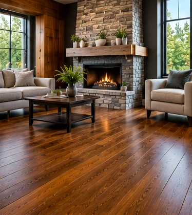 Warm hardwood boards beside a stone fireplace