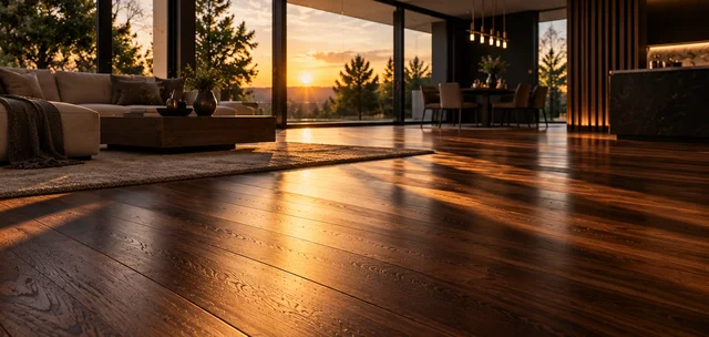 Rich hardwood flooring in a sunlit contemporary lounge