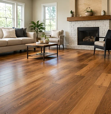 Natural hardwood grain in a bright fireplace living room
