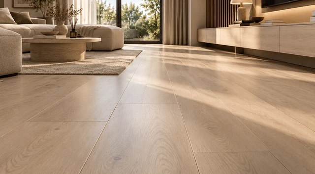 Pale oak-look laminate flooring in a neutral modern living room