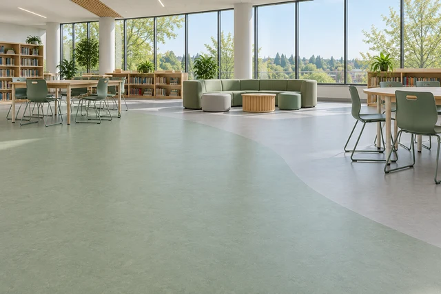 AI design illustration of sage and gray sheet linoleum in a learning space