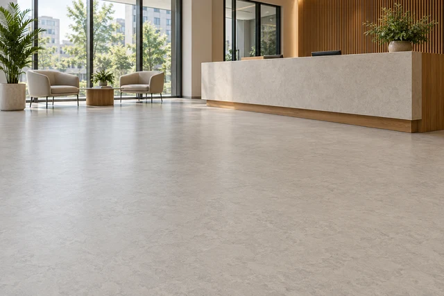 AI design illustration of sheet linoleum flooring in a contemporary office reception