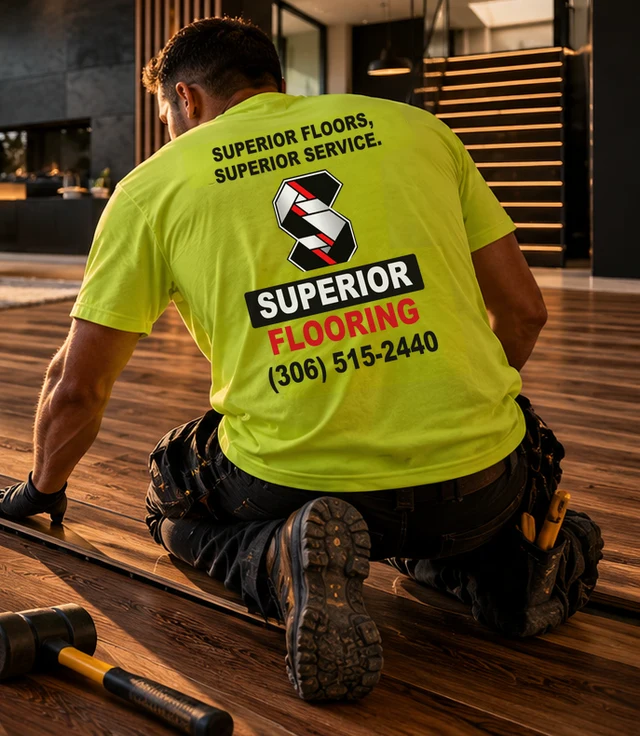 Installer and flooring tools on a wood floor