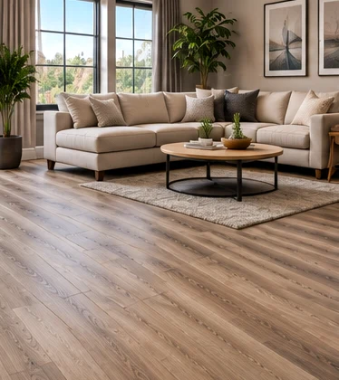 Wood-look vinyl plank flooring in a bright living room