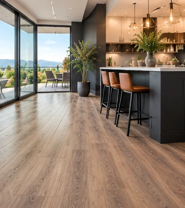 Luxury vinyl planks in an open-plan kitchen and dining space